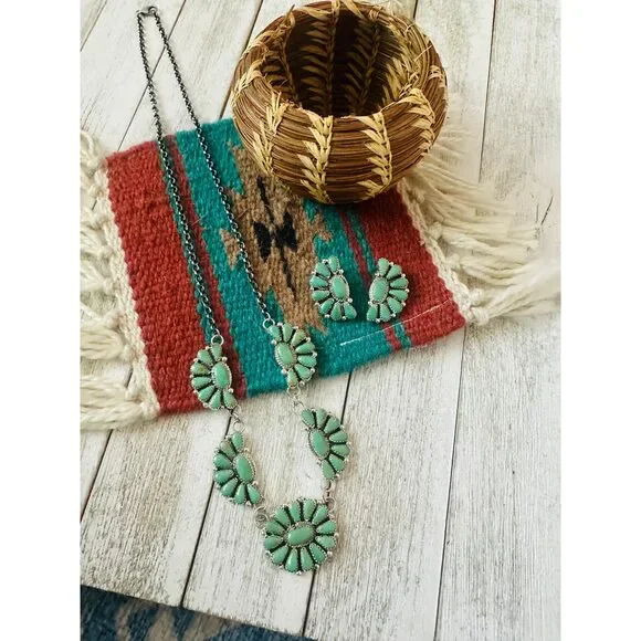 Navajo Sterling Silver & Turquoise Cluster Necklace and Earring Set - Picture 2 of 8